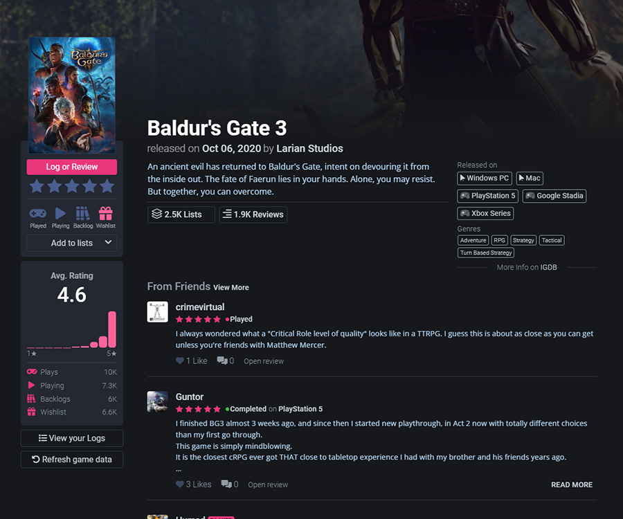 Backloggd game page showing reviews and rating